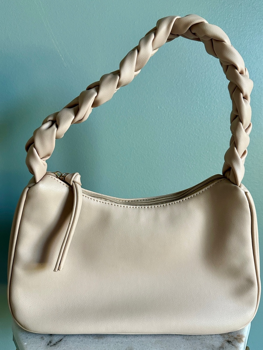 Braided-Handle Cream Shoulder Bag